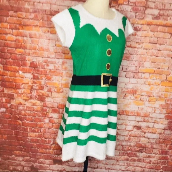 Holiday Time Sort Sleeved Green and White Ugly Christmas Sweater Elf Min… - Picture 2 of 6